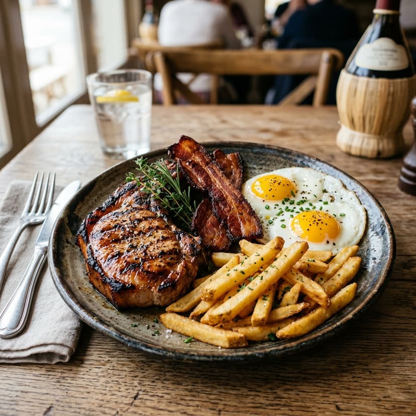 Lomo o bacon a la plancha con dos huevos fritos y patatas
